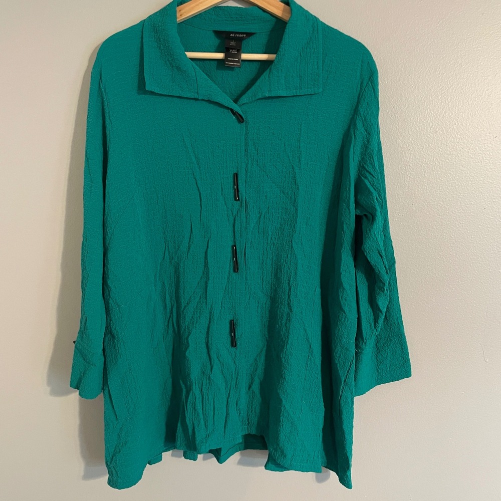 Ali Miles Button Up Shirt Womens Large Green Lagenlook Textured Toggle Artsy